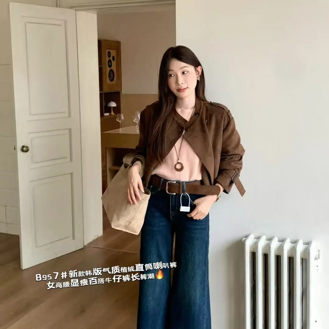 秋冬季加绒高腰弹力显瘦复古蓝直筒阔腿拖地牛仔裤女8957