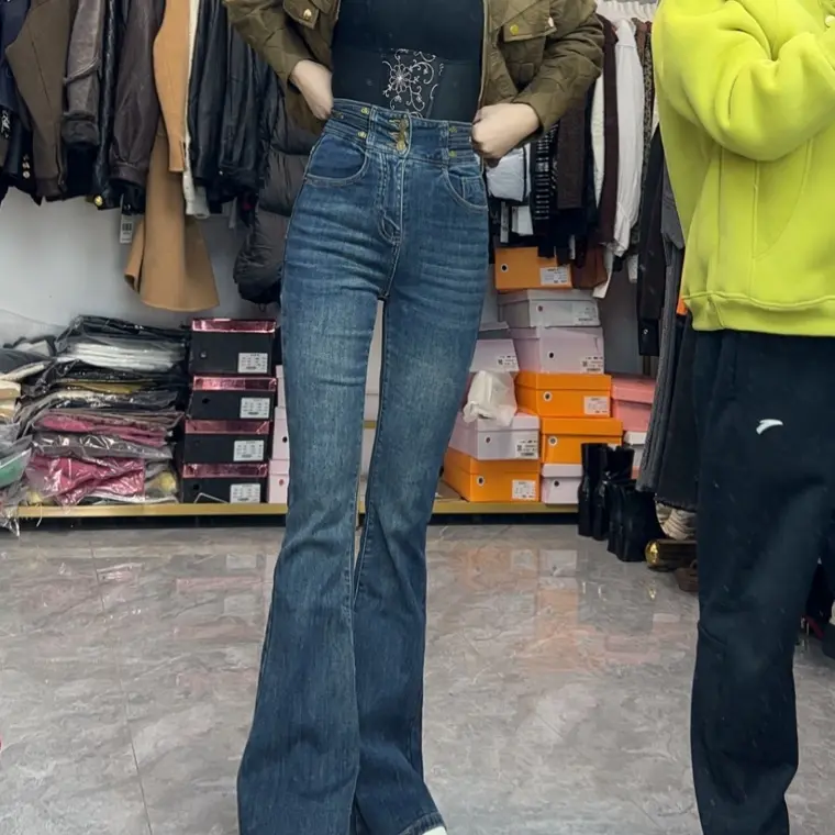 秋冬新款高腰加绒微喇牛仔裤女修身显瘦复古百搭9119-1