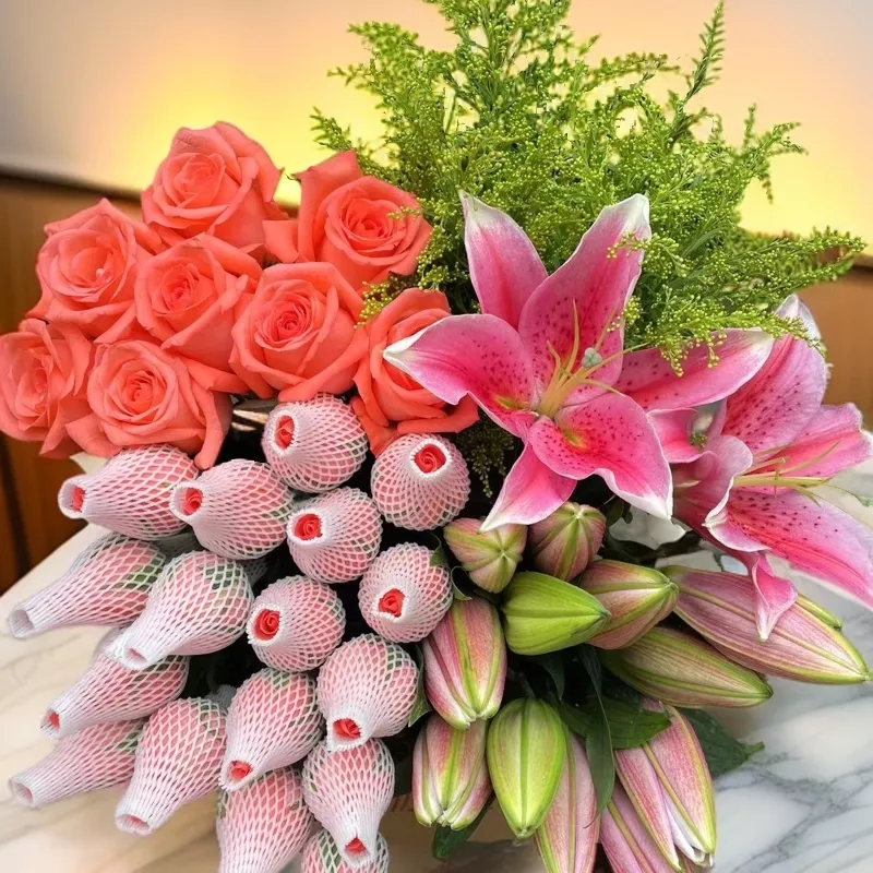 【粉玫瑰套餐】玫瑰20只+百合10朵+配草1扎鲜花直播间现场直播卖