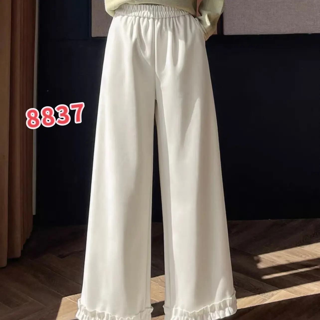 秋冬新款加绒加厚木耳边阔腿裤女韩版显瘦垂感长裤