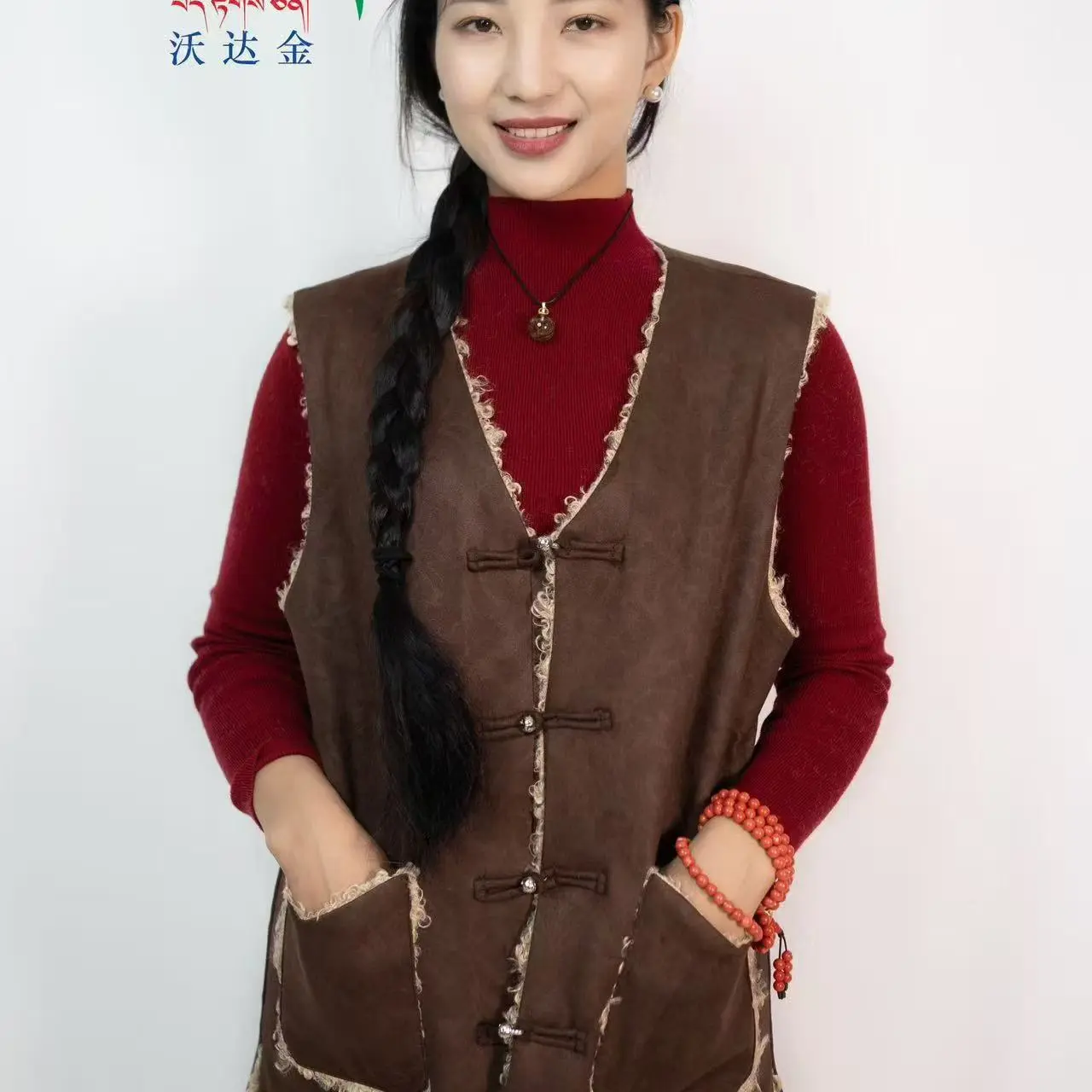 藏式民族风冬季加厚中长款磨砂复小羊圈双层女式背心保暖马甲ins