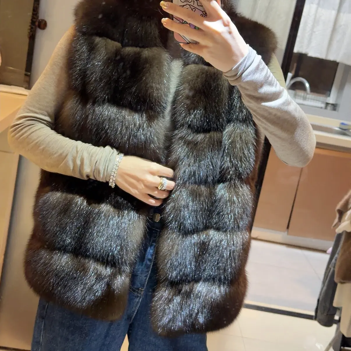 俄罗斯农夫黑金贵妃领马甲背心衣长60cm