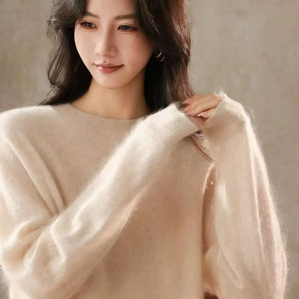 100%山羊绒拉绒圆领软糯毛衣秋冬百搭女款上衣