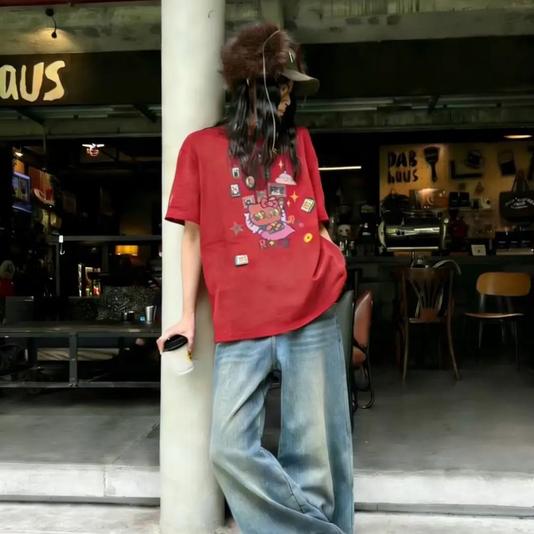 韩系KT卡通图案假两件拼接长袖T恤女秋冬百搭显瘦