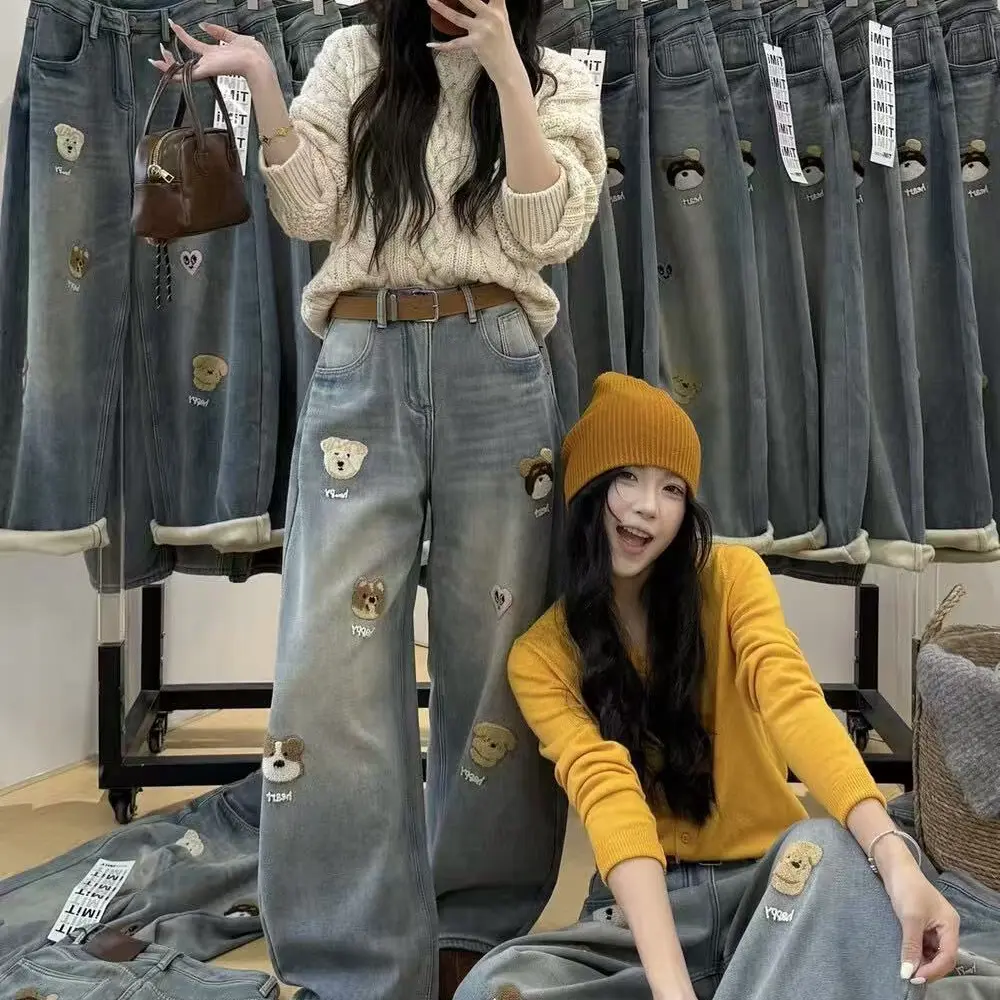 复古小狗加绒阔腿牛仔裤女秋冬新款高腰显瘦宽松垂感裤子