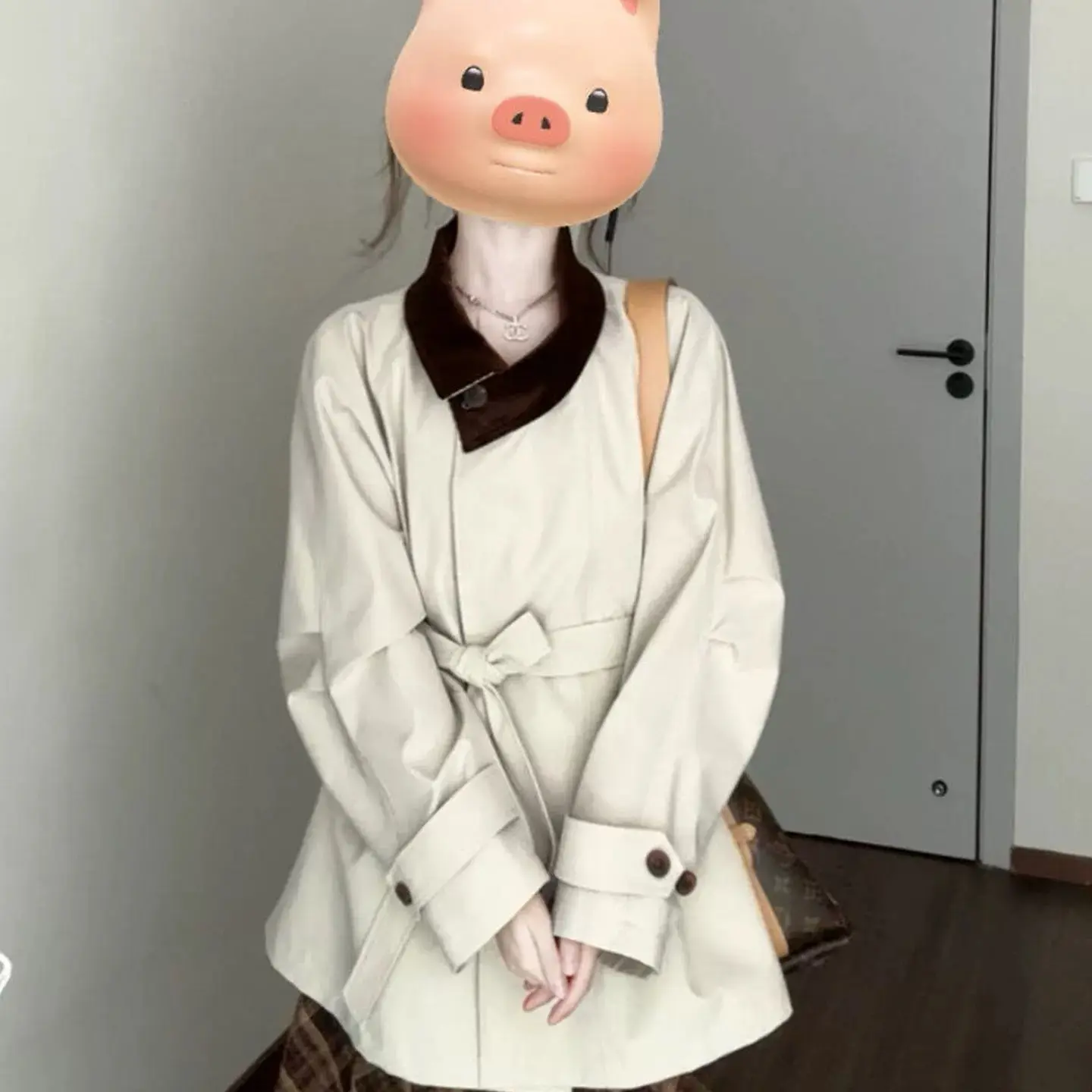 【张开心】芝士小猫～撞色立领短款收腰显瘦风衣外套女