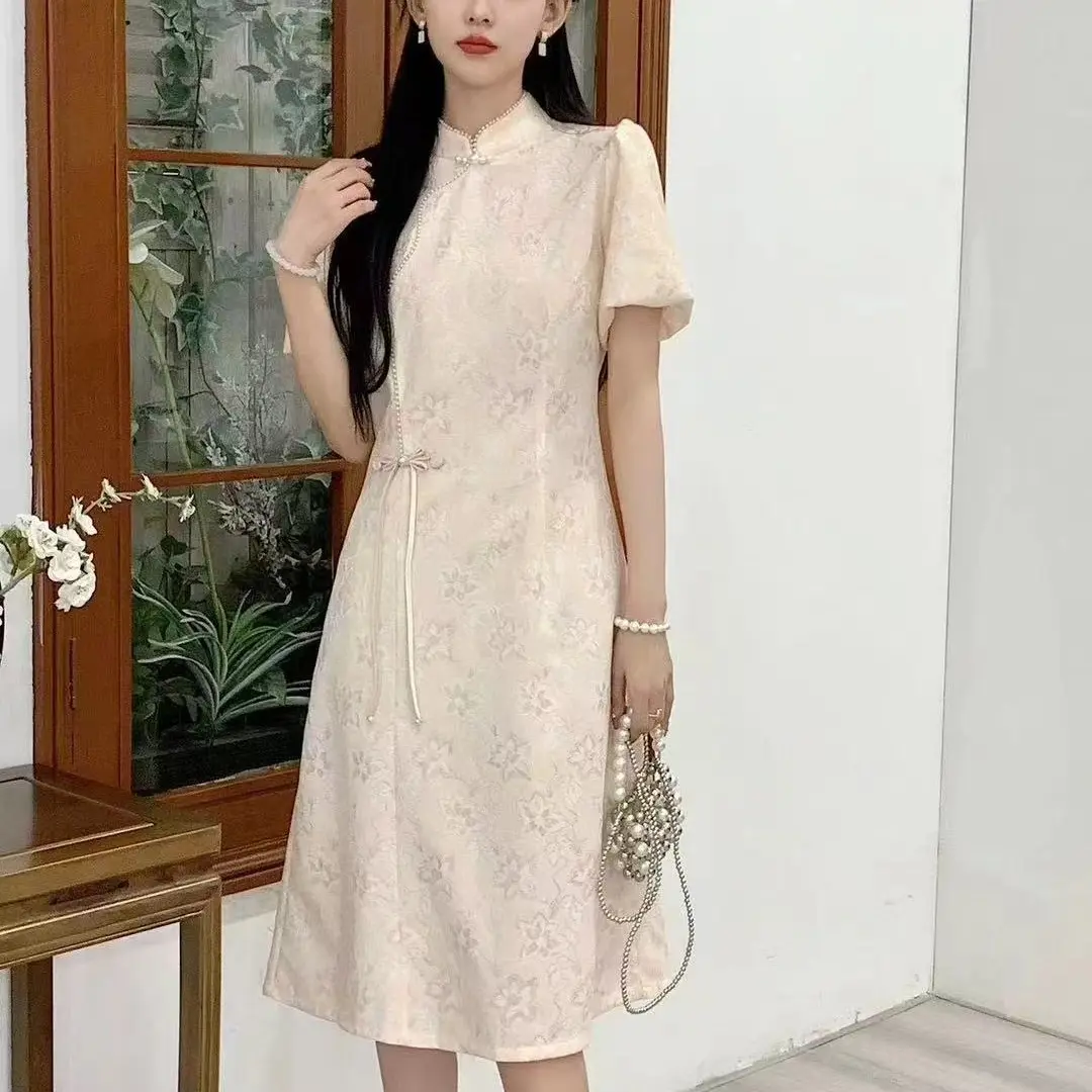 蓝蝴蝶绒花改良旗袍日常夏季新中式中国风显瘦气质蕾丝网红