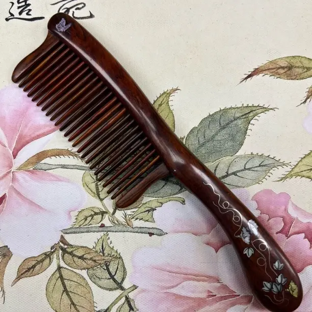 微凹黄檀螺钿镶嵌手工插齿木梳 牵牛花款