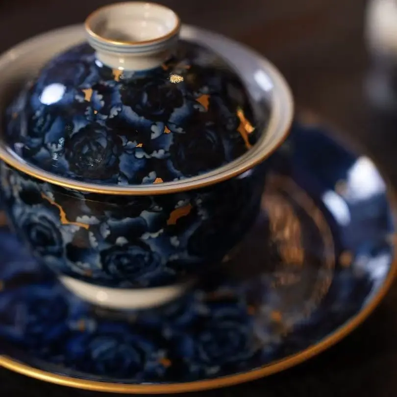 洪印慕明盖碗和风青花描金月季盖碗陶瓷茶具泡茶碗