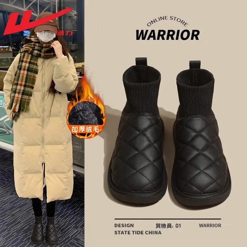 回力雪地靴女冬季2025新款加绒加厚女款袜子靴黑色皮面菠萝包棉鞋商品图