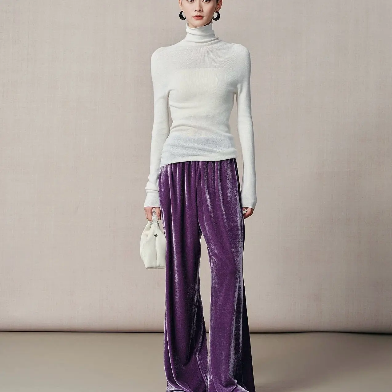 新中式加厚真丝丝绒阔腿长裤