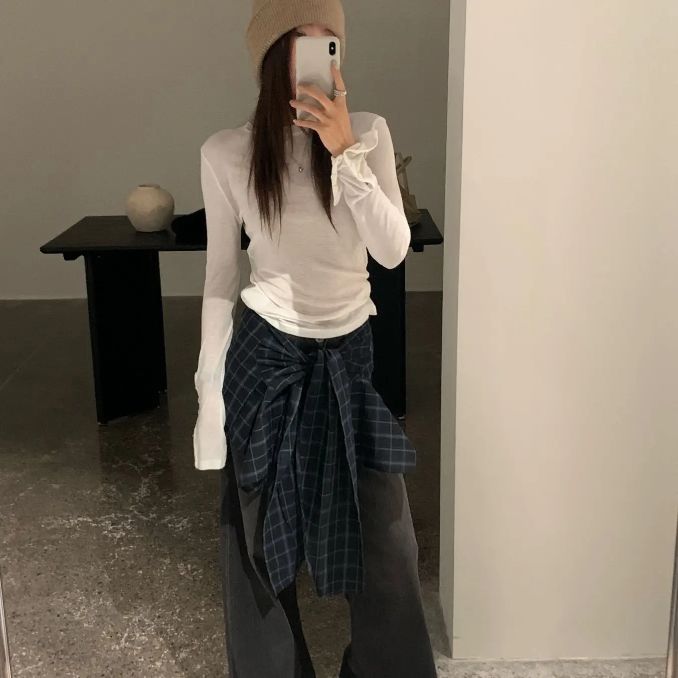 韩系复古格子加绒屁帘阔腿裤牛仔裤女冬季新款宽松直筒拖地裤