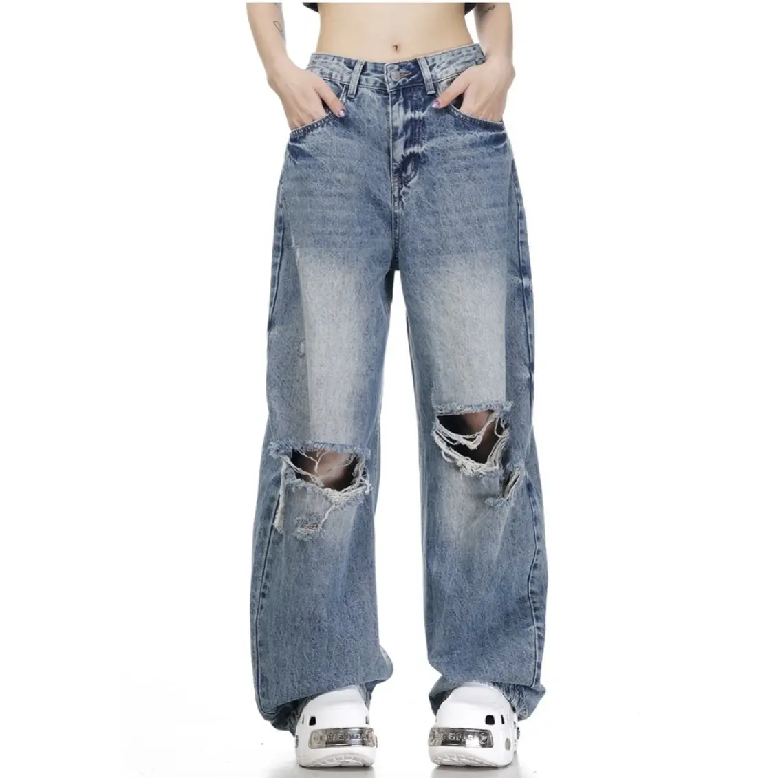 夏季新款高腰宽松阔脚毛边破洞牛仔裤女复古气质休闲拖地长裤
