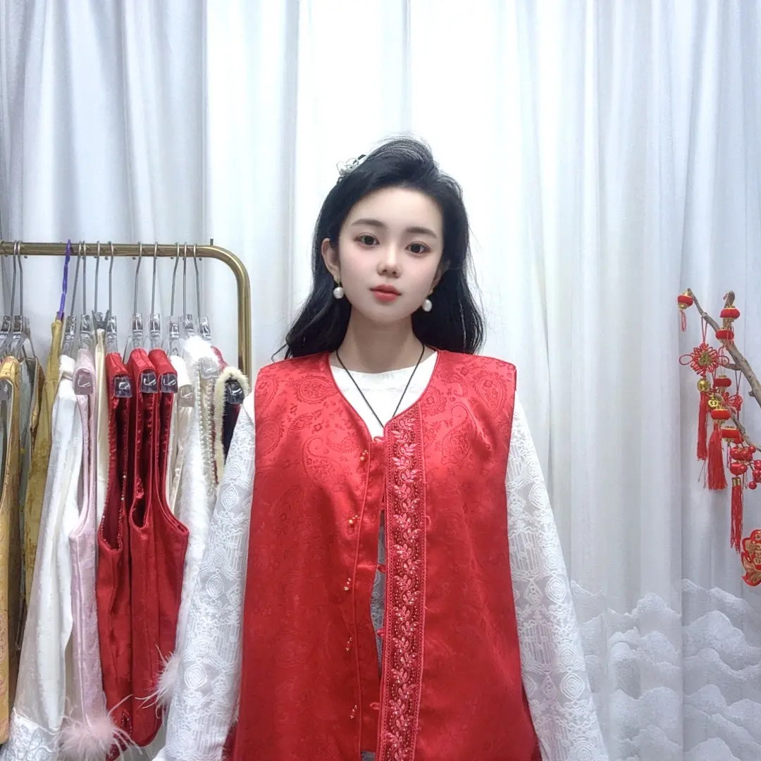 大码新中式红色提花宽松型民族风奢华风无袖马甲秋冬款