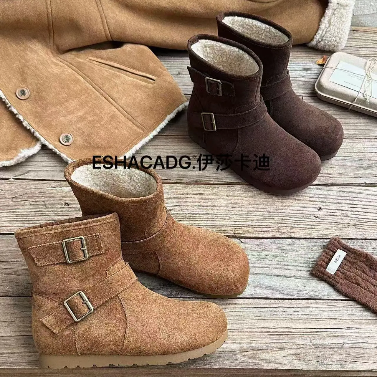 羊羔毛圆头洋气博肯短靴时尚百搭休闲女靴冬季
