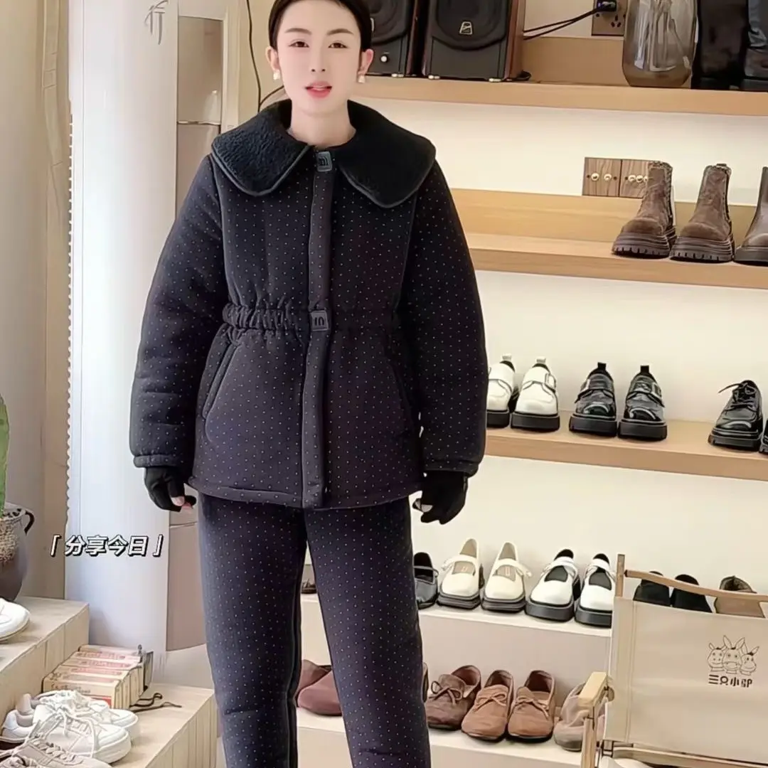 冬季三层夹棉加厚加绒可外穿女士大翻领波点家居服套装