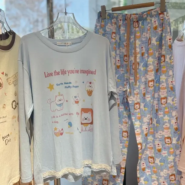 棉质长袖圆领睡衣套装春秋韩版少女家居服