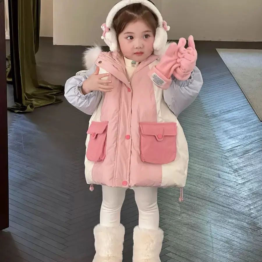 儿童羽绒服2025冬季新韩版卡拼色毛领连帽90白鸭绒羽绒服
