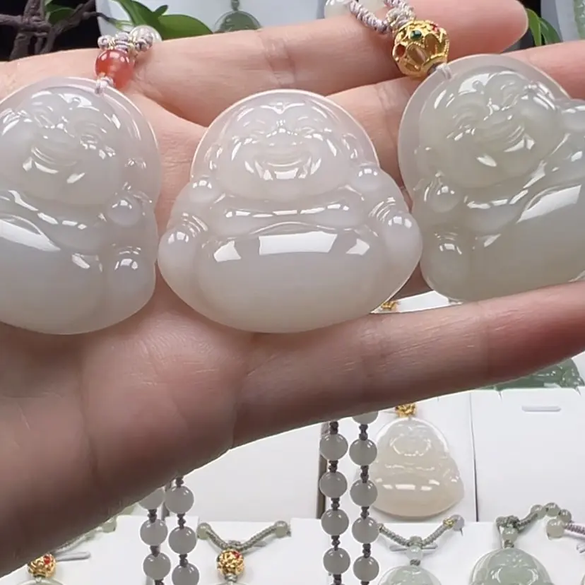 藕粉娃娃佛和田玉正品高货高冰藕粉弥勒佛佛公吊坠