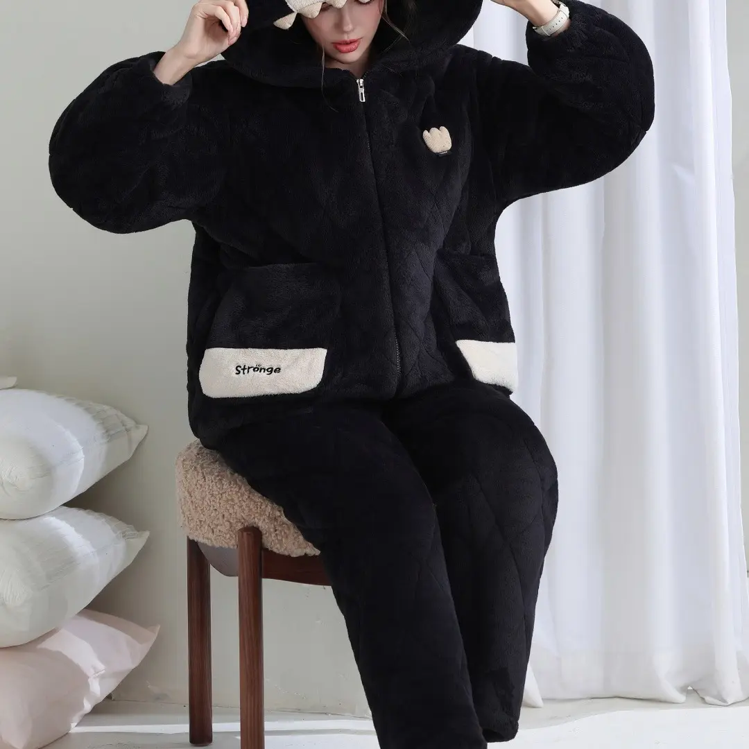 35056冬季三层夹棉加厚女士时尚连帽家居服套装