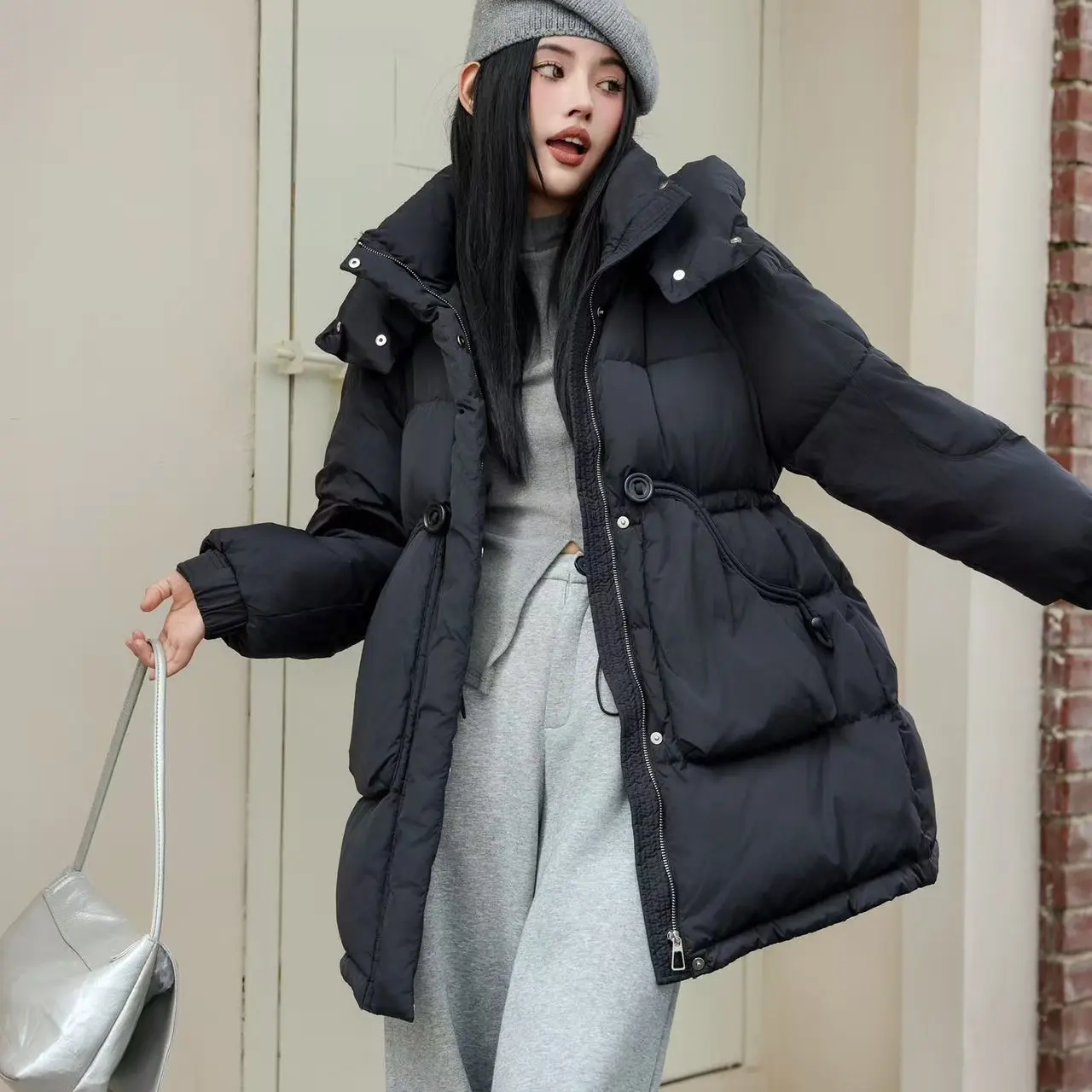 白鸭绒加厚带帽中长款冬季保暖收腰时尚显瘦外套