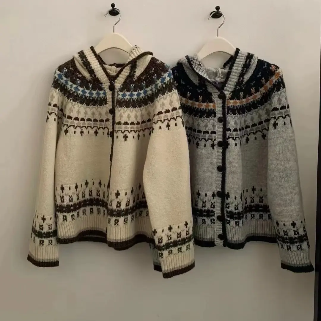 南油海燕姐家软糯慵懒风韩系费尔岛连帽针织开衫秋冬款