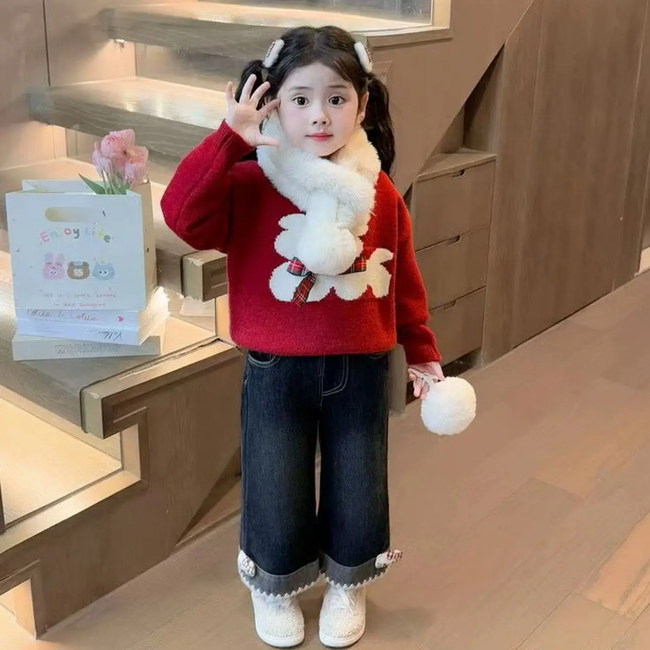 女童加绒牛仔裤一体绒加厚洋气卡通猫直筒休闲裤子冬季保暖冬装