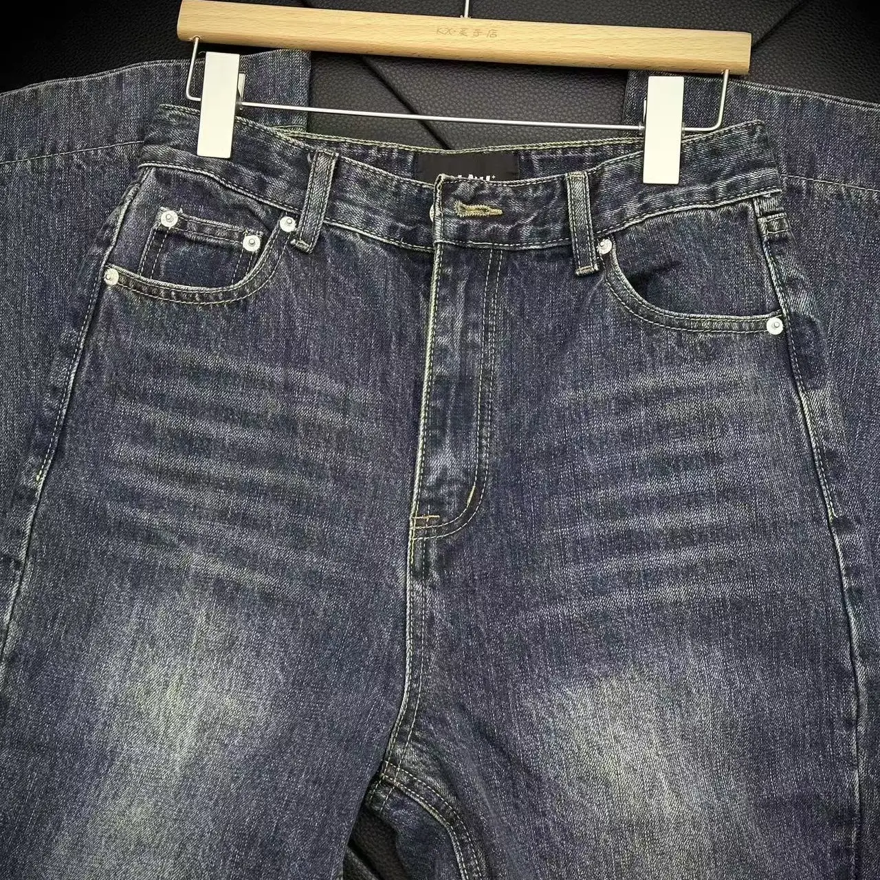 复古蓝色做旧水洗无弹窄版直筒牛仔裤时尚百搭喇叭裤