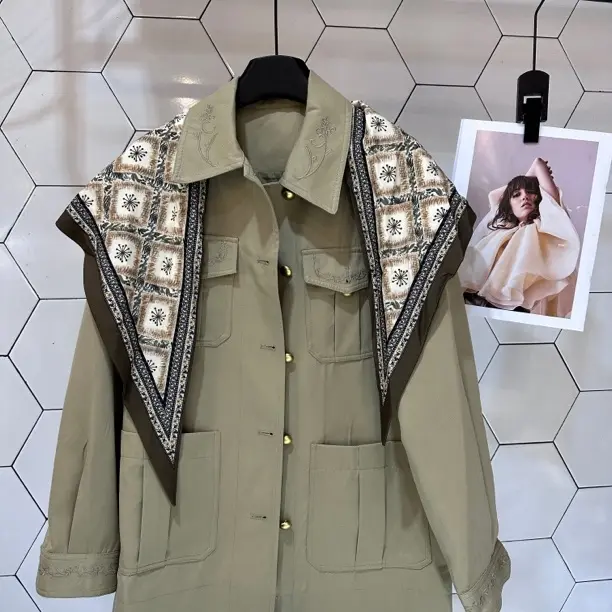 XIWEN推荐【时尚百搭】冬季翻领洋气刺绣风衣外套