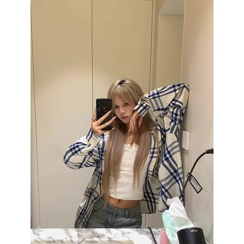 清新蓝白条纹格子衬衫气质外搭衬衣外套休闲百搭小众宽松韩版长袖