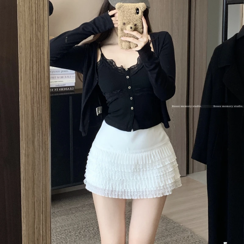 白色蓬蓬短裙女夏季新款高腰显瘦百搭a字裙防走光半身裙甜美短裙