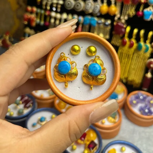 纯铜大理石项链 铜镀金耳钉