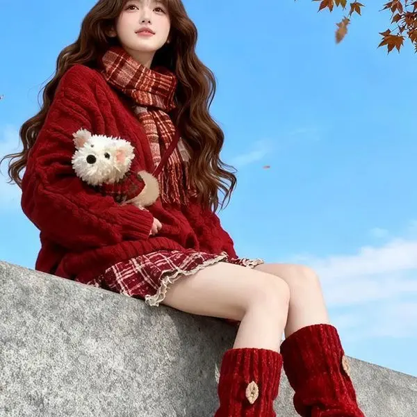 【33拍着里】秋冬格子厚款韩版套头冬季套装中筒日系保暖冬天加厚