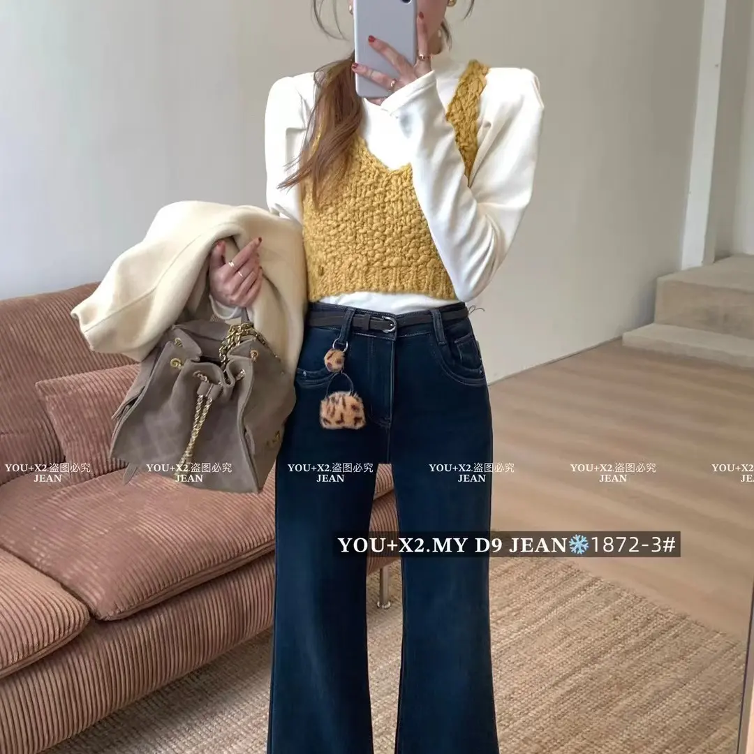 高腰宽松弹力显瘦秋冬拖地不贴腿百搭复古微喇牛仔裤