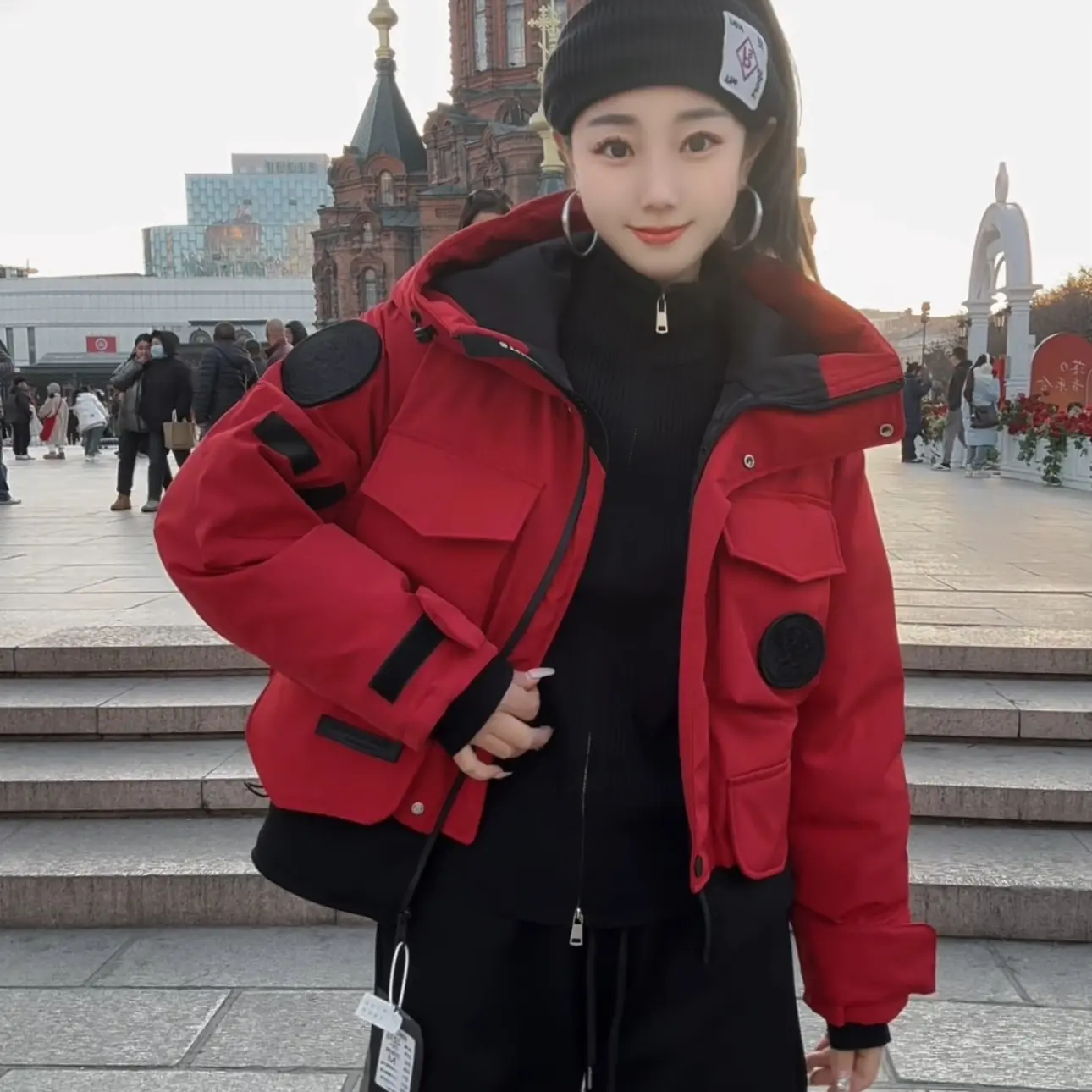 杨杨➕短款连帽红色加厚保暖可拆卸内胆羽绒服派克服