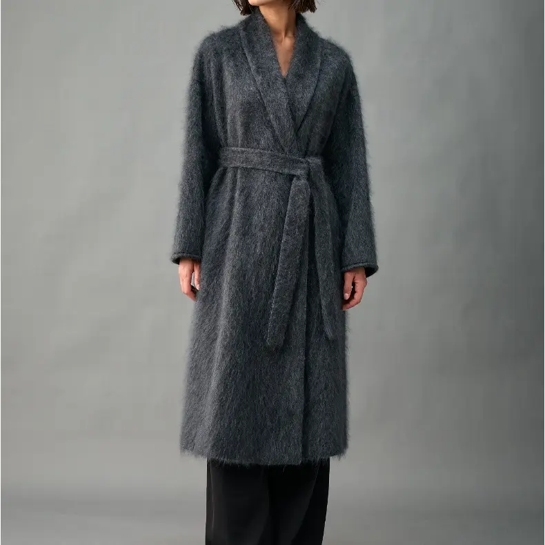 2025秋冬新款加厚100%纯山羊绒大衣女拉毛款系带宽松长款毛呢外套