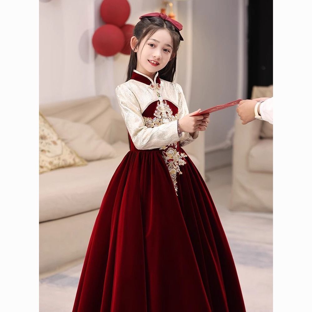 女童红色礼服秋冬季公主裙儿童主持人花童婚礼小女孩钢琴演奏演出