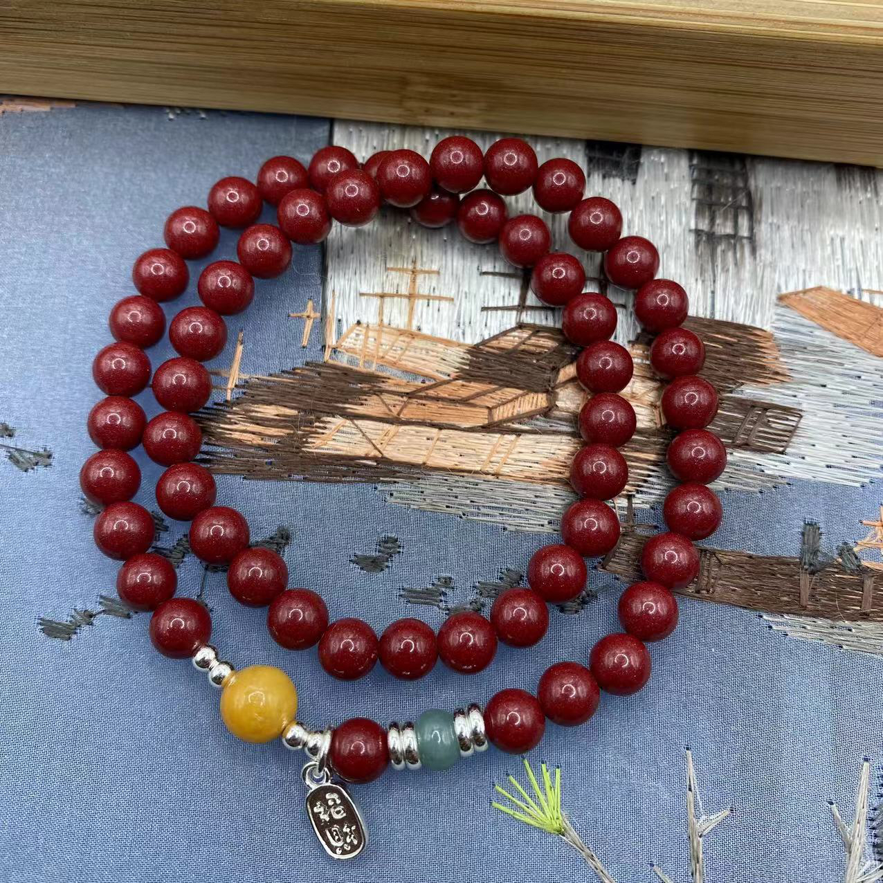 高含量朱砂紫金砂设计款黄蓝隔珠爆款双圈朱砂手串