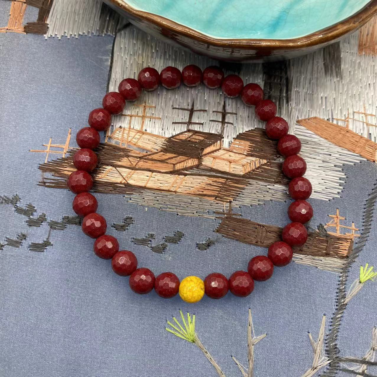 高含量紫金砂设计款黄配珠切面朱砂手串正宗朱砂情侣手链