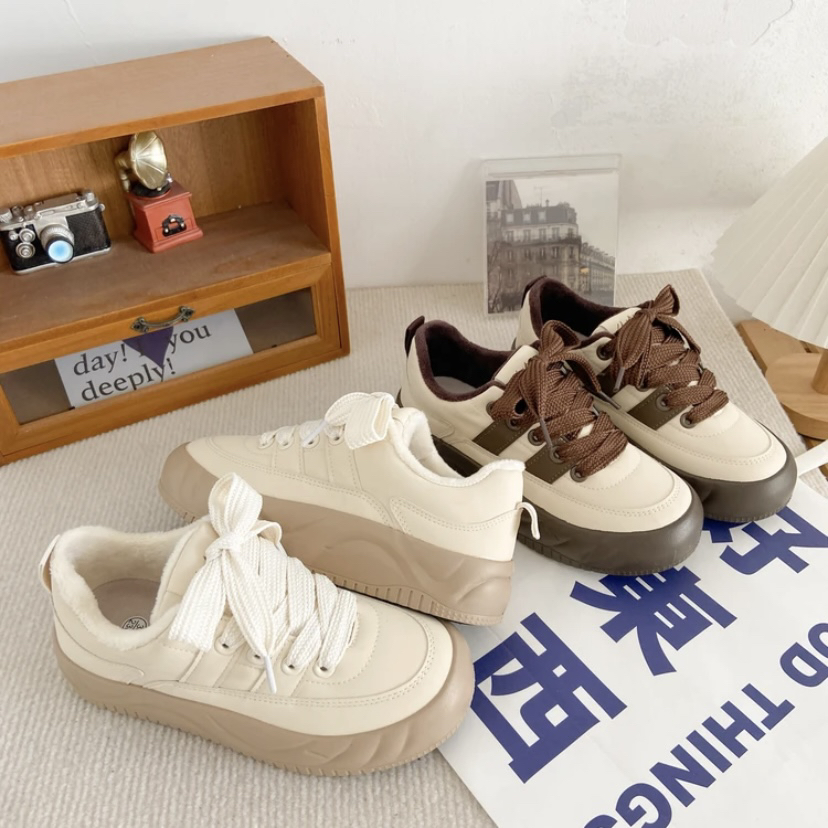 米色德训面包鞋女厚底百搭加绒ins百搭小白棉鞋板鞋6357