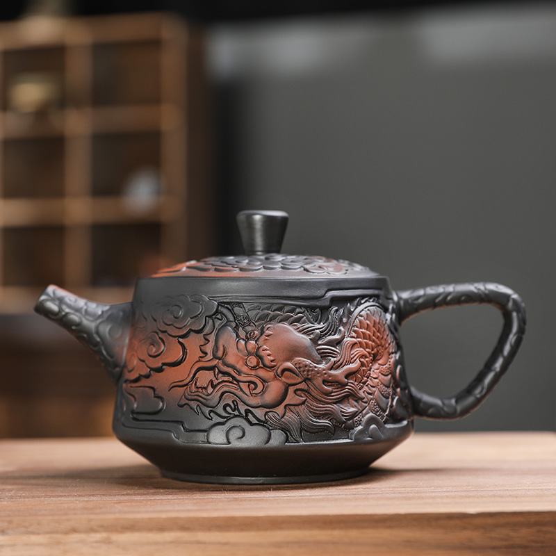 传迹-紫陶浮雕古龙石瓢壶（陈荣火）250ml 