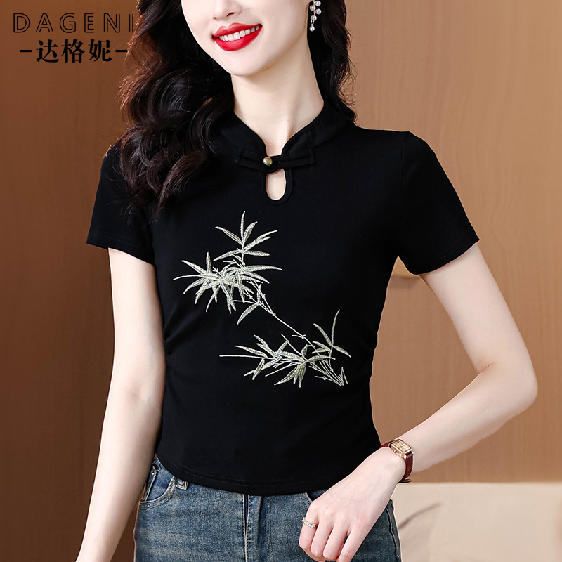 2025夏季新款复古风短袖t恤女新中式国风盘扣旗袍小衫小个子上衣