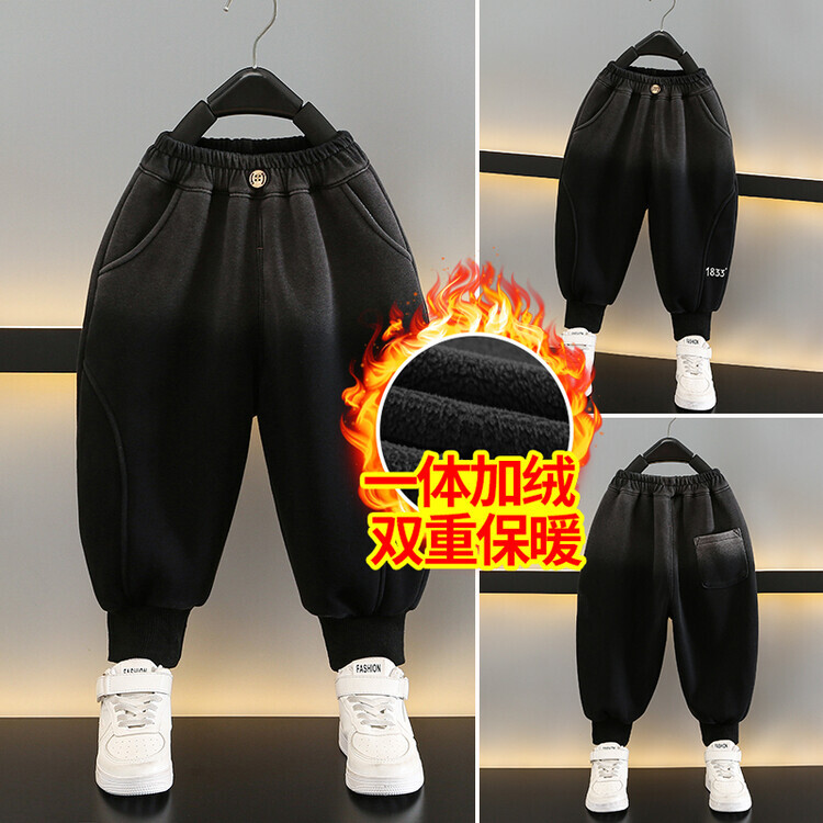 男童一体绒卫裤秋冬装2023新款儿童洋气加绒保暖裤子加棉休闲加厚