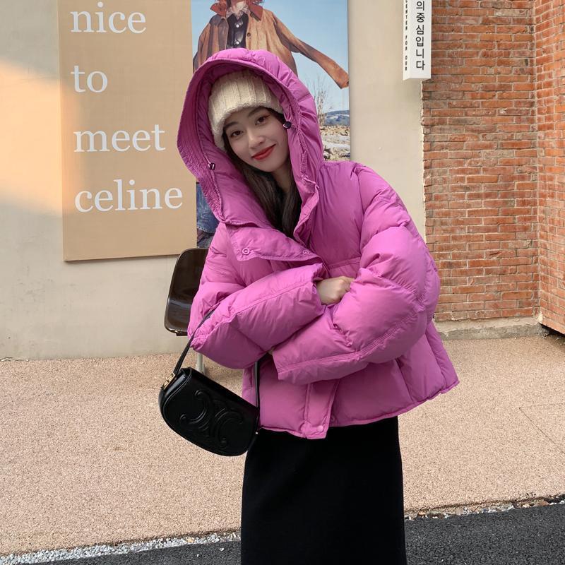 羽绒服韩系轻薄花苞连帽服女2023冬新款小个子短款宽松面包服外套