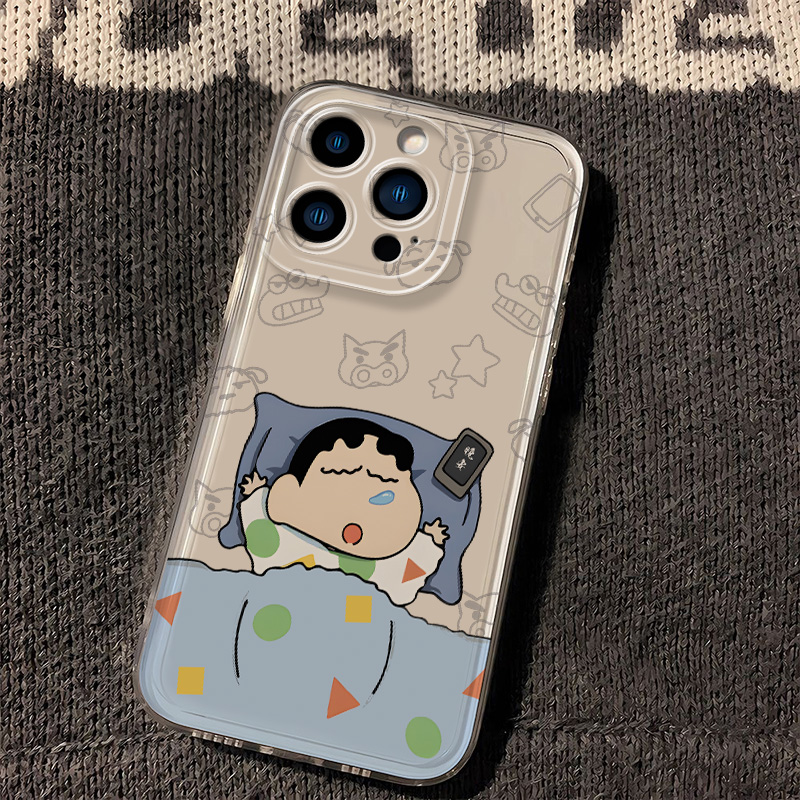 苹果16ProMax新款网红睡觉蜡笔小新透明手机壳全包卡通防摔保护