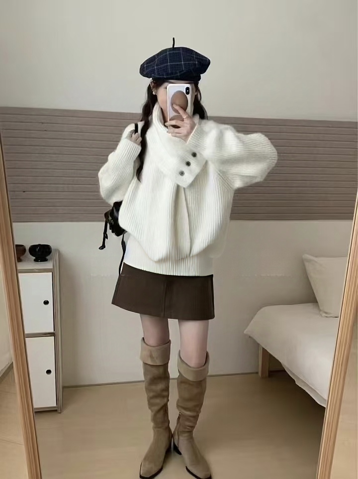 【姜夫人】冬季新款韩系宽松慵懒风洋气V领加厚配围巾针织毛衣女