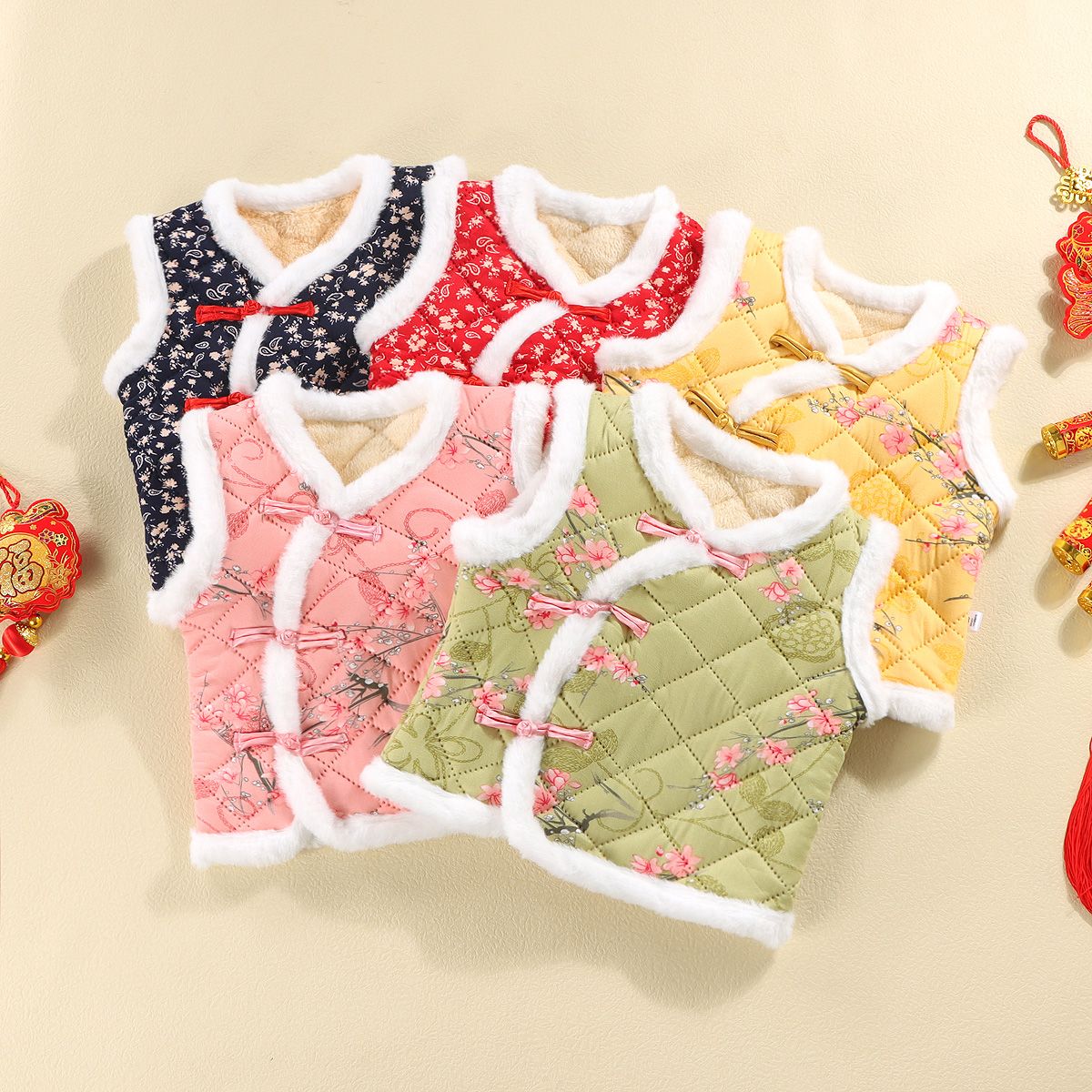 新款儿童中国风棉衣马甲拜年棉服女童汉服加绒加厚洋气马甲