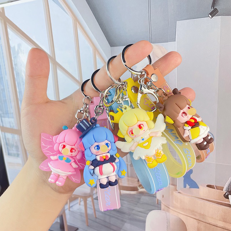 DIY包包挂件车钥匙泡泡女孩玩偶公仔pvc软胶挂件小女孩钥匙挂件