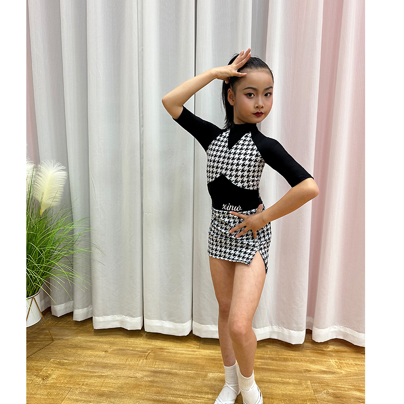 儿童拉丁舞蹈服千鸟格练功服练习舞服