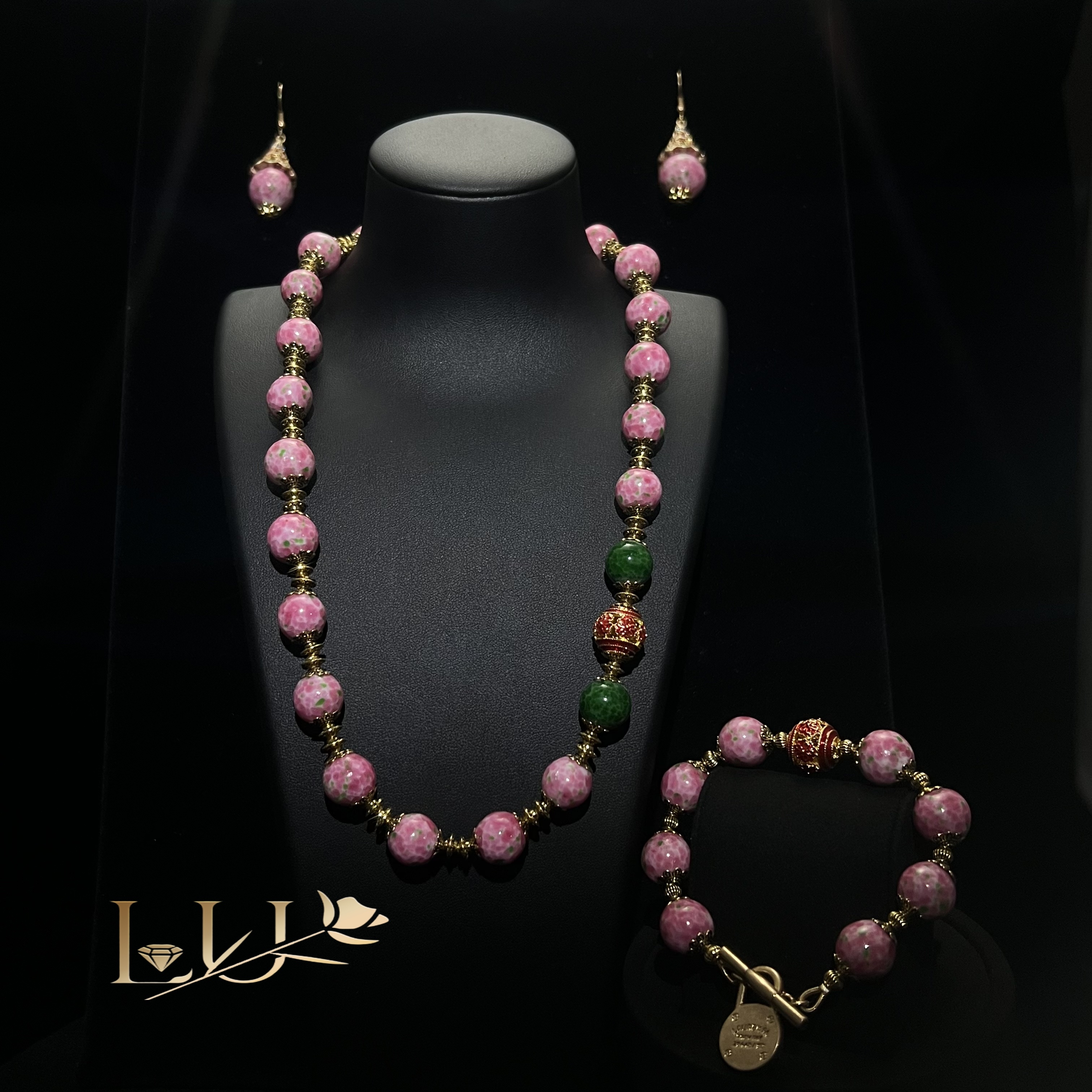 铜合金铅玻璃项链 桃花琉璃传统工艺手工烧制复古中式项链套装